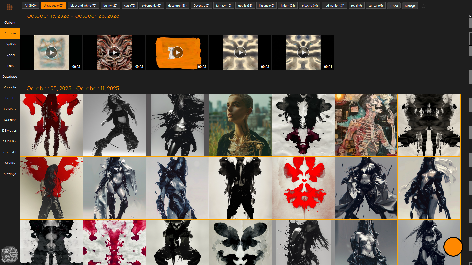 The Decentre Studio archive: a dense grid of generated images organised by week and tag