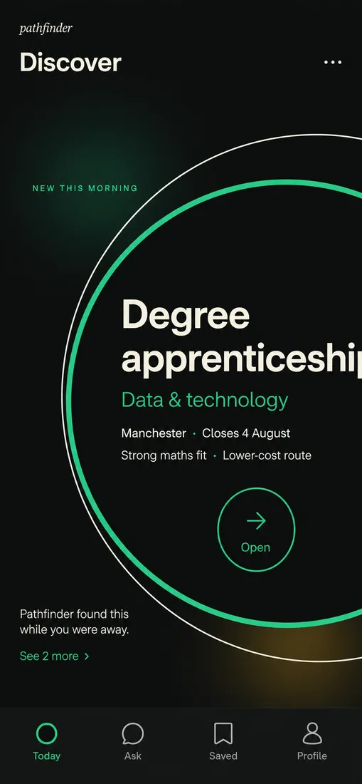 Discover screen showing a degree apprenticeship in data and technology, Manchester, closing 4 August