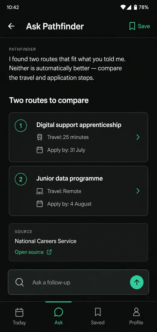 Two routes presented for comparison, each with travel time and application deadline, above a source card naming the National Careers Service with a link to open it